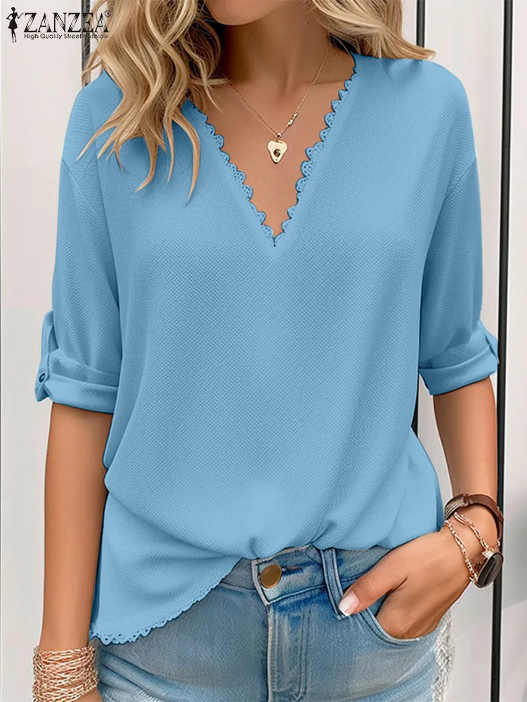 

2024 ZANZEA Elegant V Neck Long Sleeve Blouse Women Summer Shirt Fashion Lace Crochet Tops Chemise Solid Holiday Party Blusas