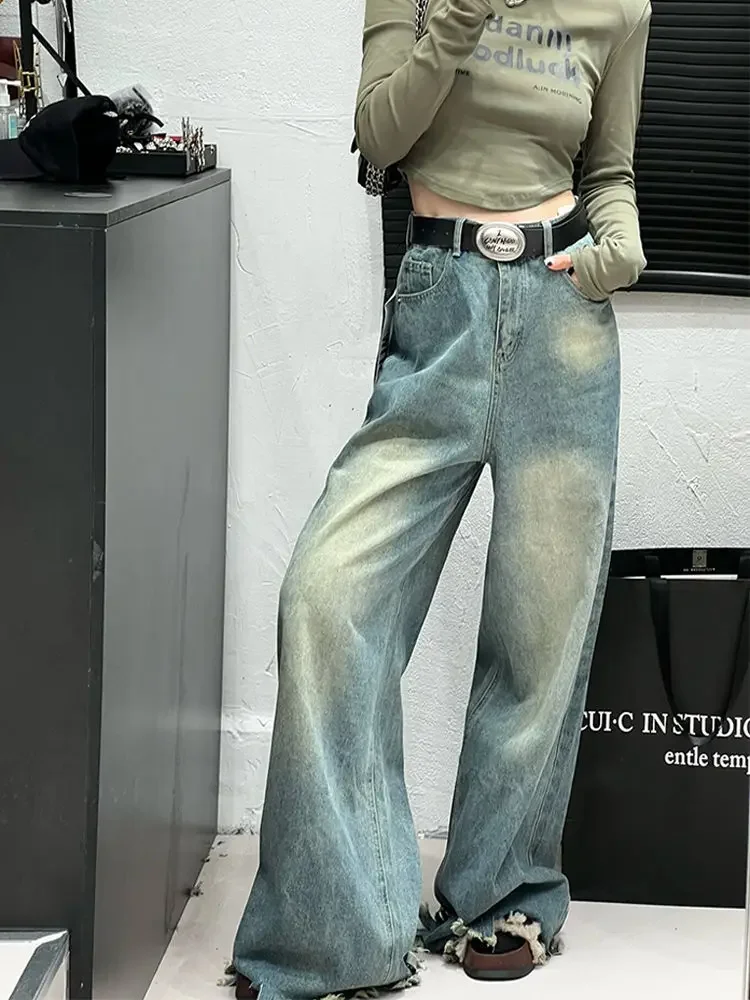 

Women Frayed Raw Hem Gradient Long Jeans Boyfriend Baggy Loose Wide Straight Leg Denim Pant @ harajuku streetwear y2k plus size