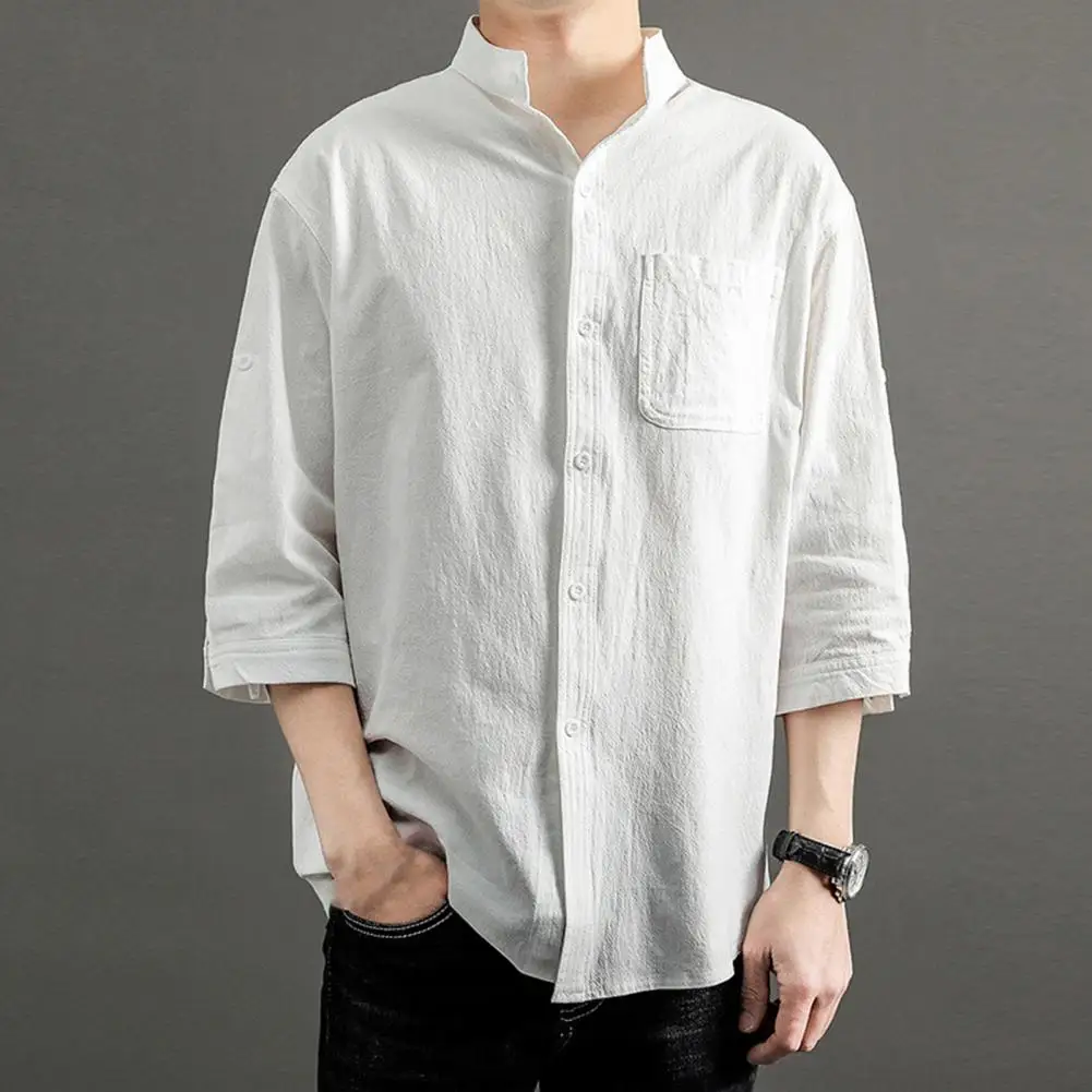 Male Shirt Solid Color 3/4 Sleeves Spring Shirt Loose Stand Collar Male Office Shirt Buttons Placket Men Over Shirt For Work
Male Shirt Solid Color 3/4 Sleeves Spring Shirt Loose Stand Collar Male Office Shirt Buttons Placket Men Over Shirt For Work