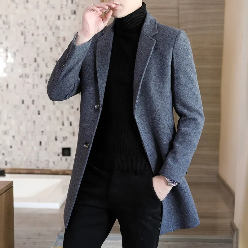 

2023 New Men Woolen Overcoat Mid-length Version Self-cultivation Coat Loose Simple Jacket Youth Fashion Embroider Outwear