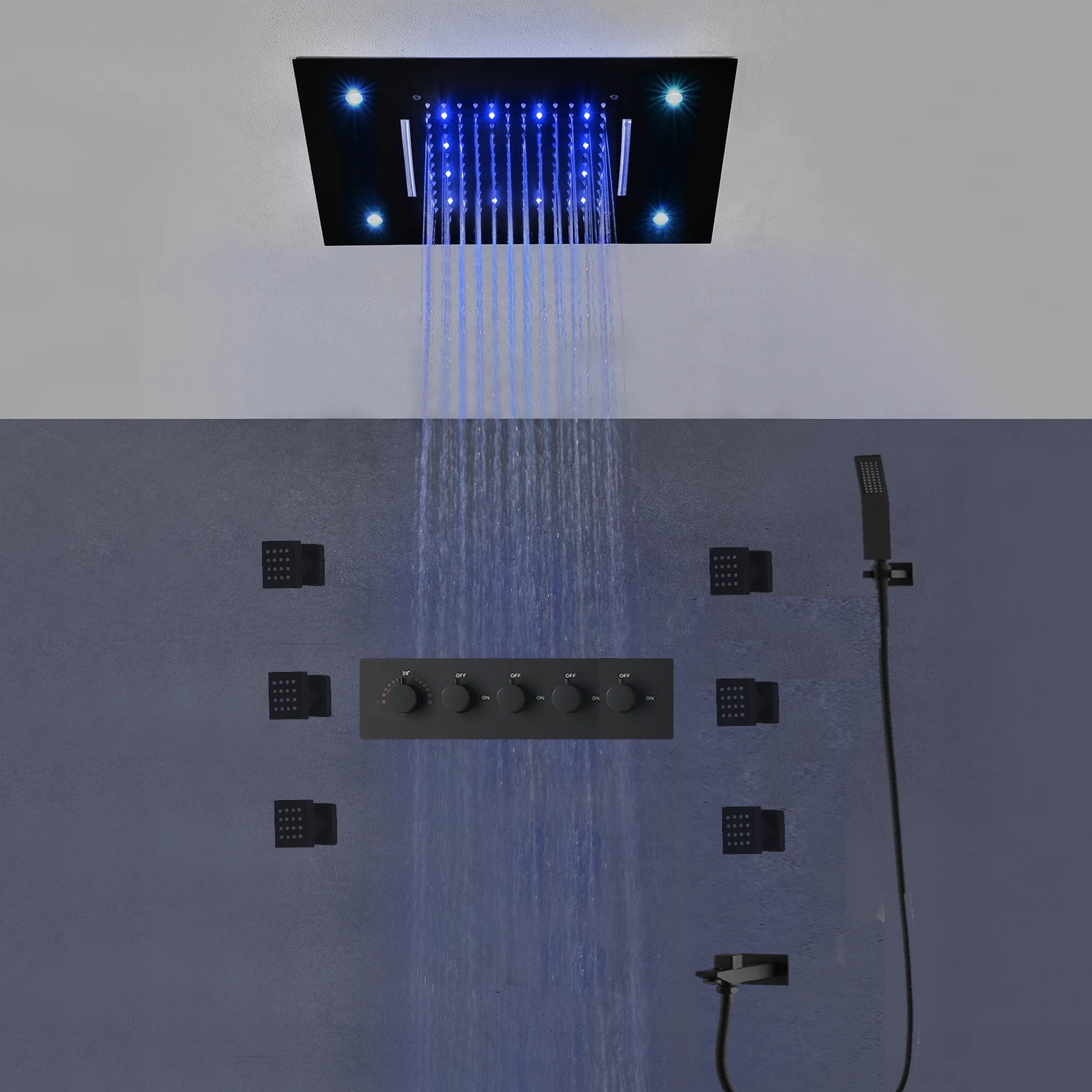 

Bathroom Accessories Matt Black LED Shower Set Waterfall Rainfall Showerhead Panel Thermostatic Mixer Body Jets Faucet 20x14inch