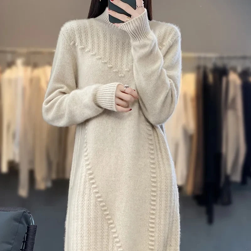 

Women's Half-High-Necked Long Sweater Dress, Loose Bottoming Shirt, Inside Tops, Outside Wear, Autumn, Winter, New