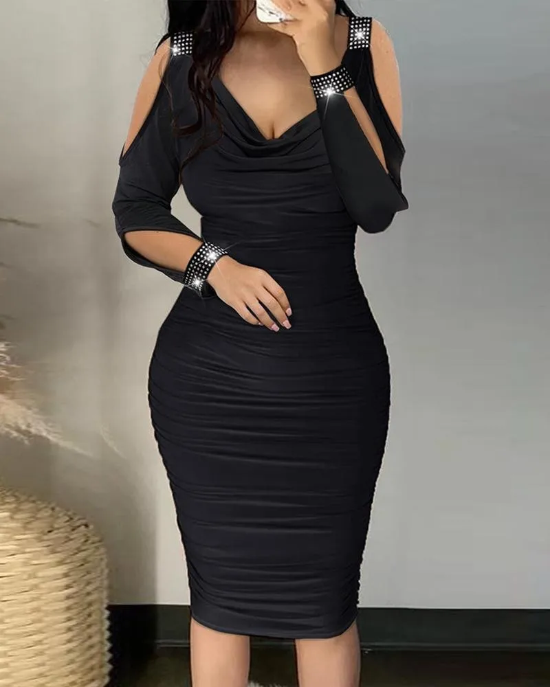 

New Womens Dresses 2024 Summer Fashion Rhinestone Cold Shoulder Plain Long Sleeve Skinny Ruched Midi Party Dress for Female