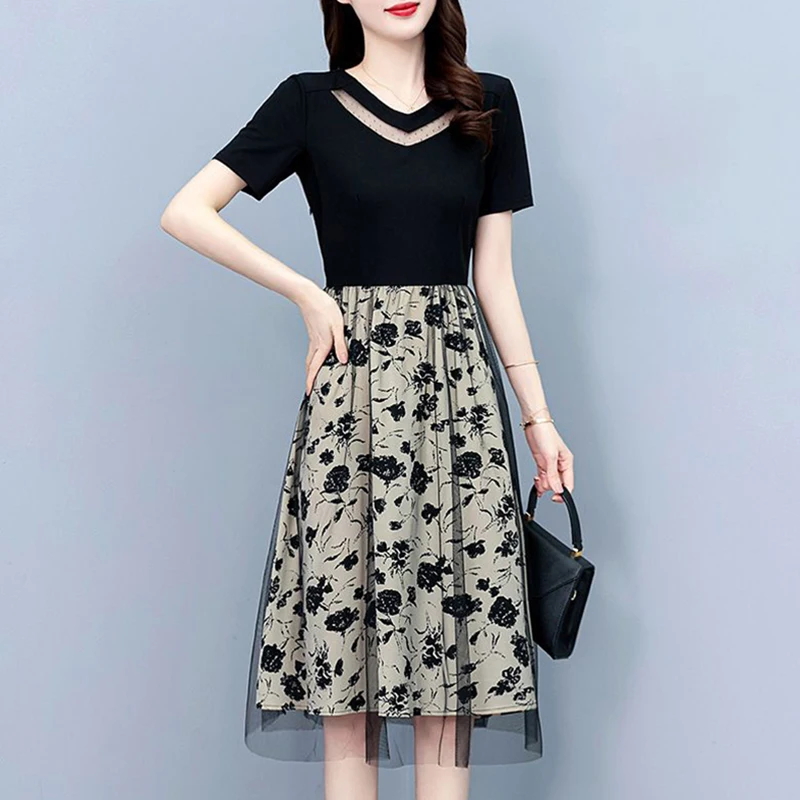 

Fashion V-Neck Spliced Printed Gauze Fake Two Pieces Midi Dress Women's Clothing 2024 Summer New Loose Office Lady Floral Dress
