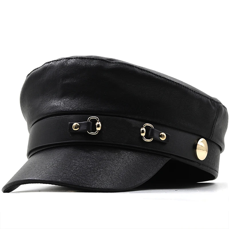 

Brand Hat Girl Military Caps Black Leather Studentsr Hats Flat Female Adjustable Autumn Winter Captain Cap Women