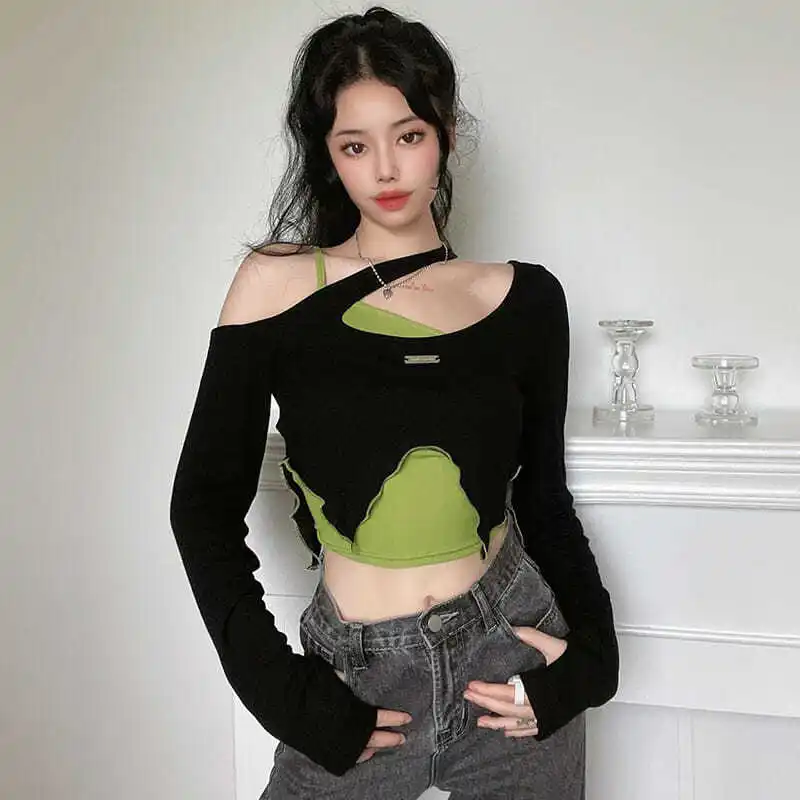 

New Hollow Long Sleeve T-shirt + Camisole Two-piece Tee Fashion Off-shoulder Slim Asymmetric Crop Tops Woman