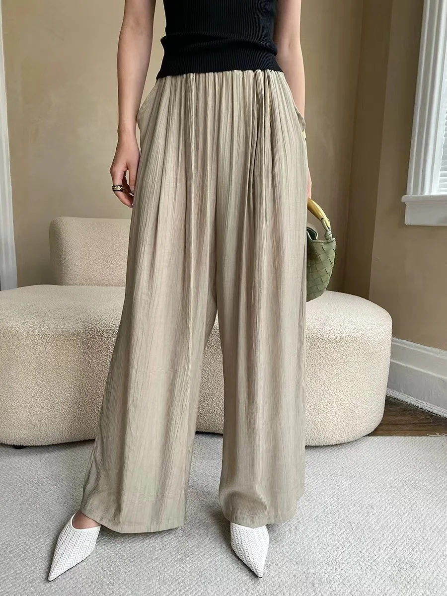 

Pleated Texture High Waist Drape Sweeping Wide Leg Pants Loose And Slimming Casual Summer Fashion Solid Color Women's Clothing