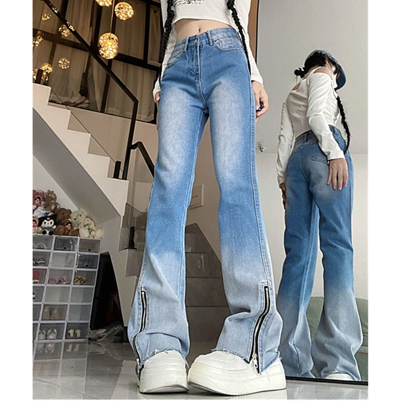 

Женские джинсы с разрезом и завышенной талией, повседневные джинсовые брюки на молнии, винтажная уличная одежда, узкие шикарные джинсы-клеш с градиентом, Y2k, 2023