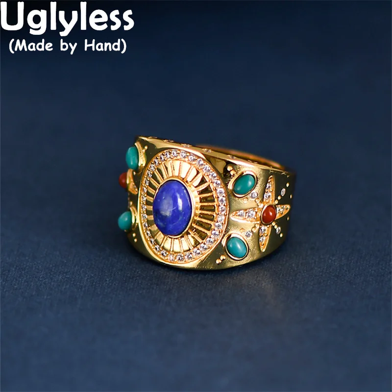 

Uglyless Exotic Lapis Agate Turquoise Rings Women Multi Gemstones Ethnic Rings Retro 925 Silver Jewelry Bohemia Fashion Bijoux