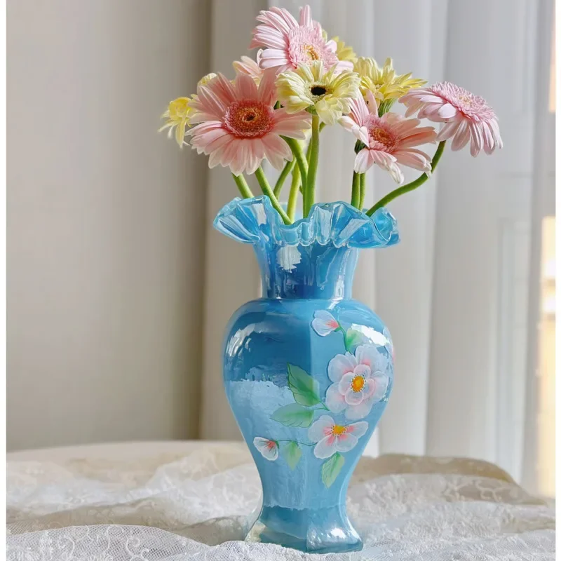 

Ins Высокая красота Цветочная бутылка синяя ручная роспись стеклянная ваза рельефная текстура вазы для растений гостиная обеденный стол домашнее украшение