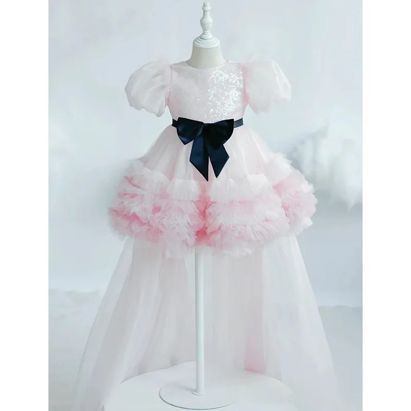 

Children's Birthday Party Dresses pink petal Baby Girl's formal wedding ball evening princess bow tutu cake trailing dress