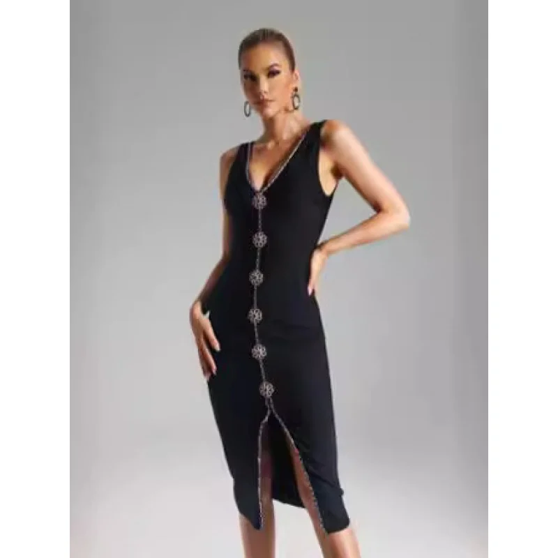 

2024 Cross-Border New Flash Diamond Bandage Dress Amazon European and American Elegant Sleeveless V-neck Long Dres