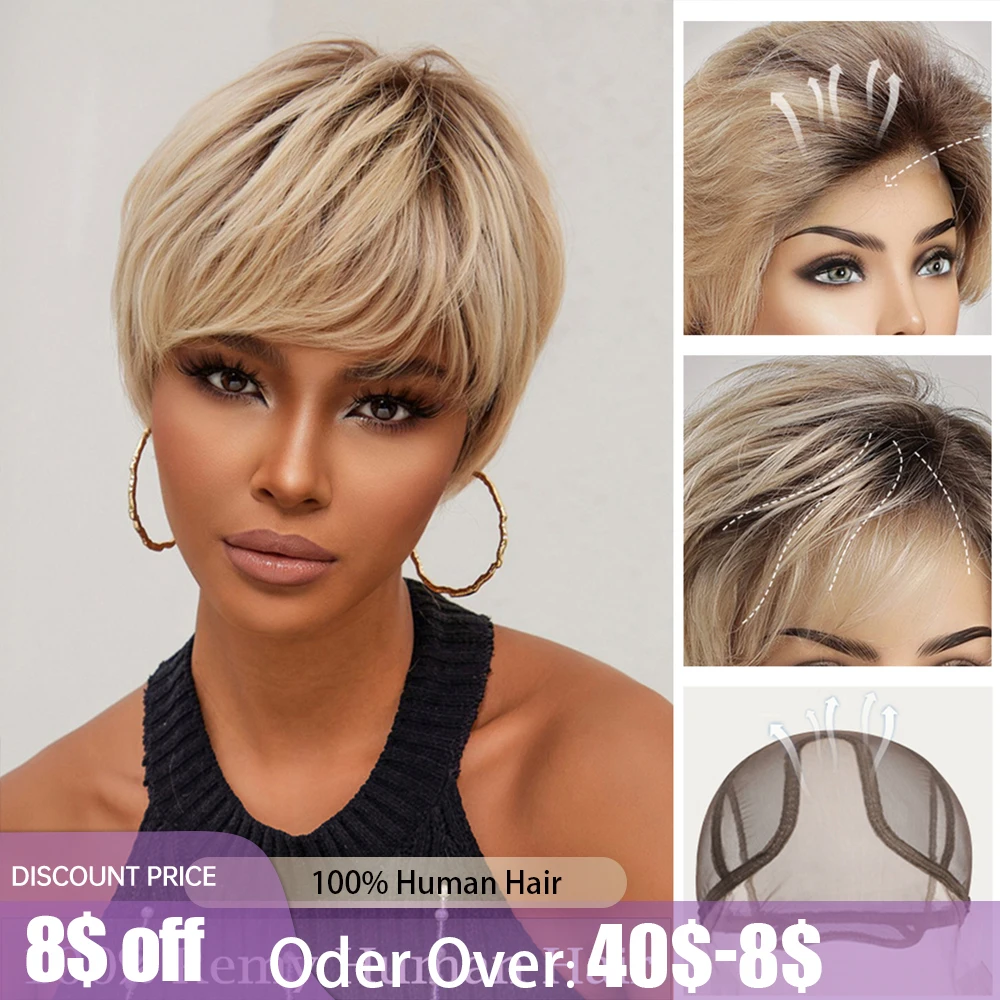 

Lace Front Human Hair Wigs Short Pixie Cut Wigs with Bang Brown Layered Straight Bob Wig for Black Afro Women HD Transprent Lace