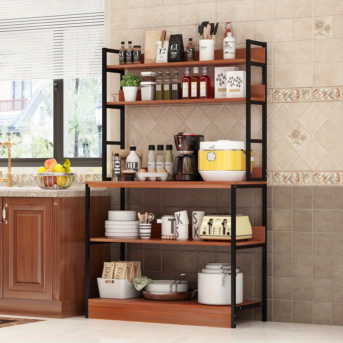 5 tiers Standing Bakers Racks with Wood Table, Kitchen Buffet Hutch Storage Utility Storage Shelf, Kitchen Microwave Oven Stand
5 tiers Standing Bakers Racks with Wood Table, Kitchen Buffet Hutch Storage Utility Storage Shelf, Kitchen Microwave Oven Stand