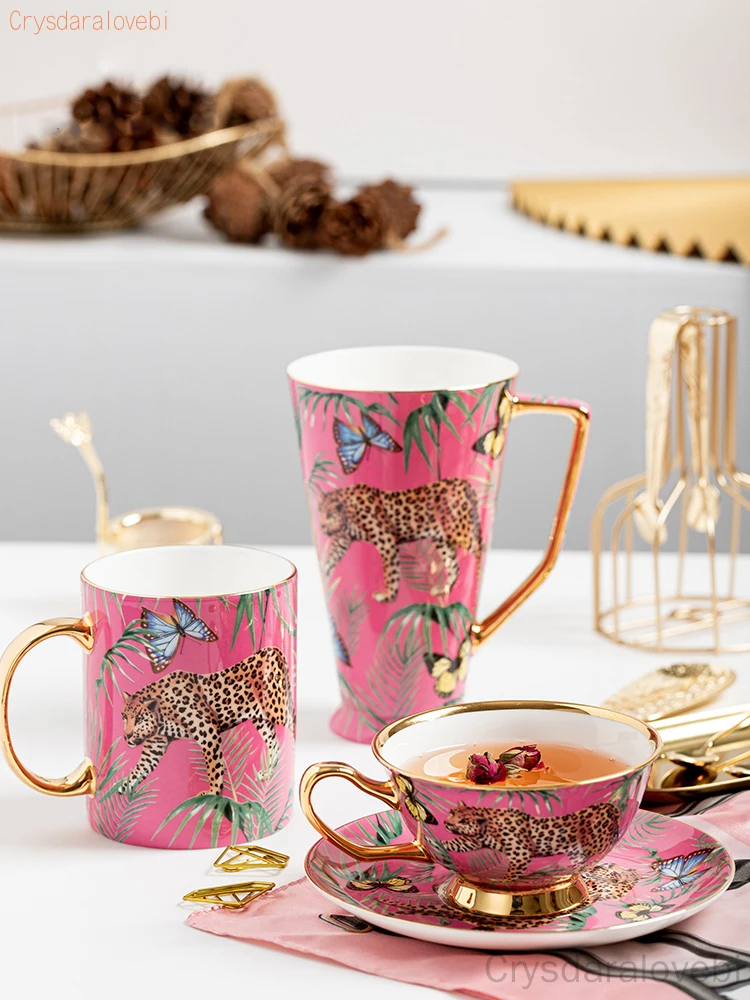 

Creative Pink Bone China Mug Leopard Forest Cheetah Ceramic Coffee Cup Milk Water Afternoon Tea Party Drinking Home Drinkware