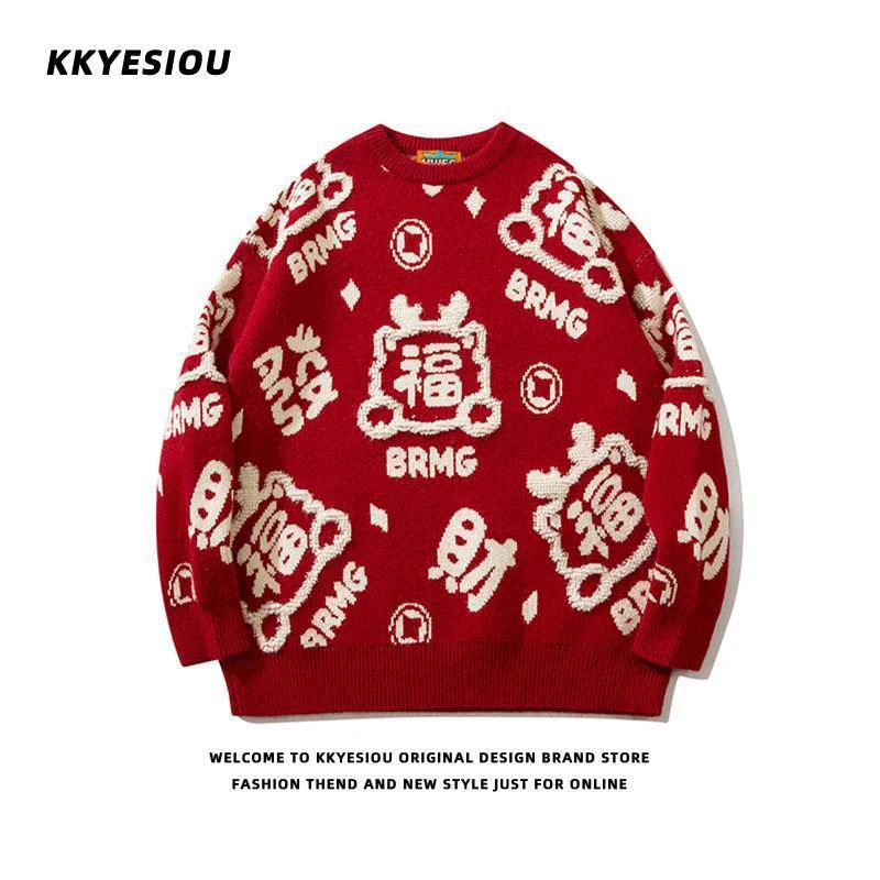 New Year Long Sleeve Men O Neck Knitted Sweaters Red Black Fashion Cartoon Dragon Print Good Luck Fashion Loose Couple Pullovers
New Year Long Sleeve Men O Neck Knitted Sweaters Red Black Fashion Cartoon Dragon Print Good Luck Fashion Loose Couple Pullovers