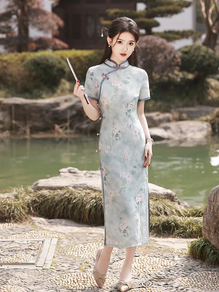 

Women Elegant Short Sleeve Cheongsam Wedding Party Dress Gown Floral Chinese Traditional Mandarin Collar Qipao