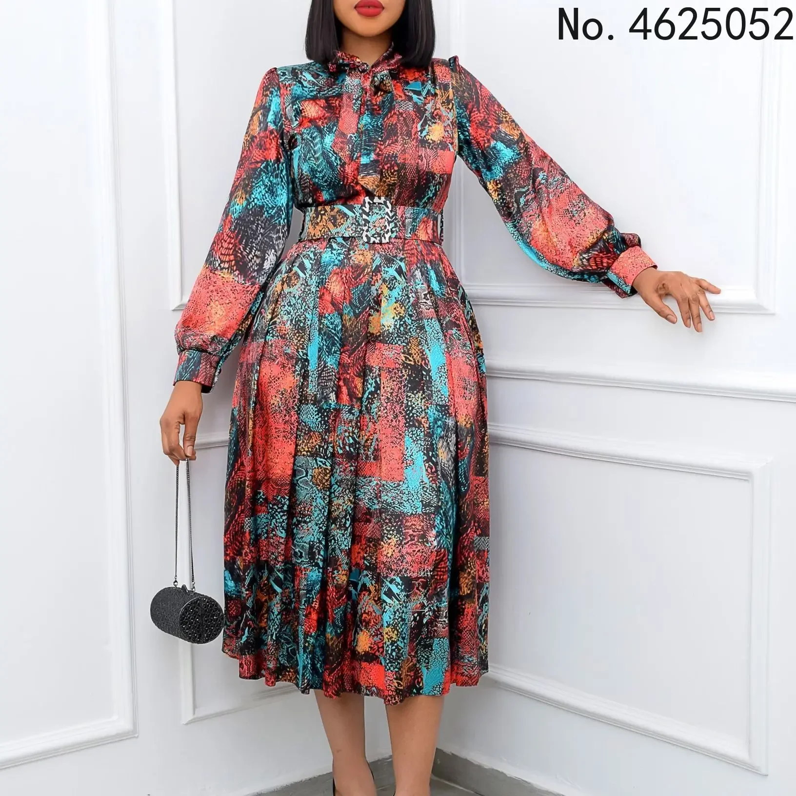 

Women Printed A Line Dresses Long Lantern Sleeves with Bowtie Vintage Retro Pleated Modest African Ladies Spring Classy Elegant
