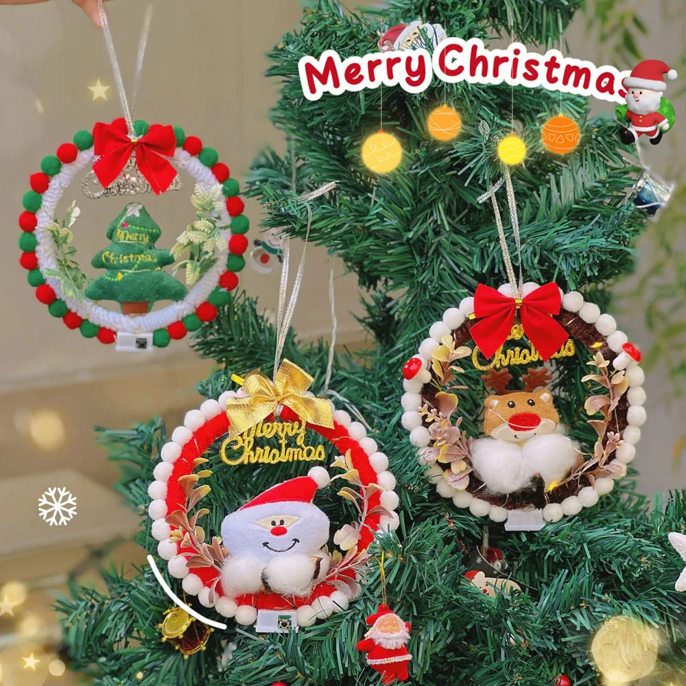 

1 Set DIY Artificial Wreath for Christmas Decoration Santa Claus Wreath With Light for Front Door Decora Pendant Children's gift