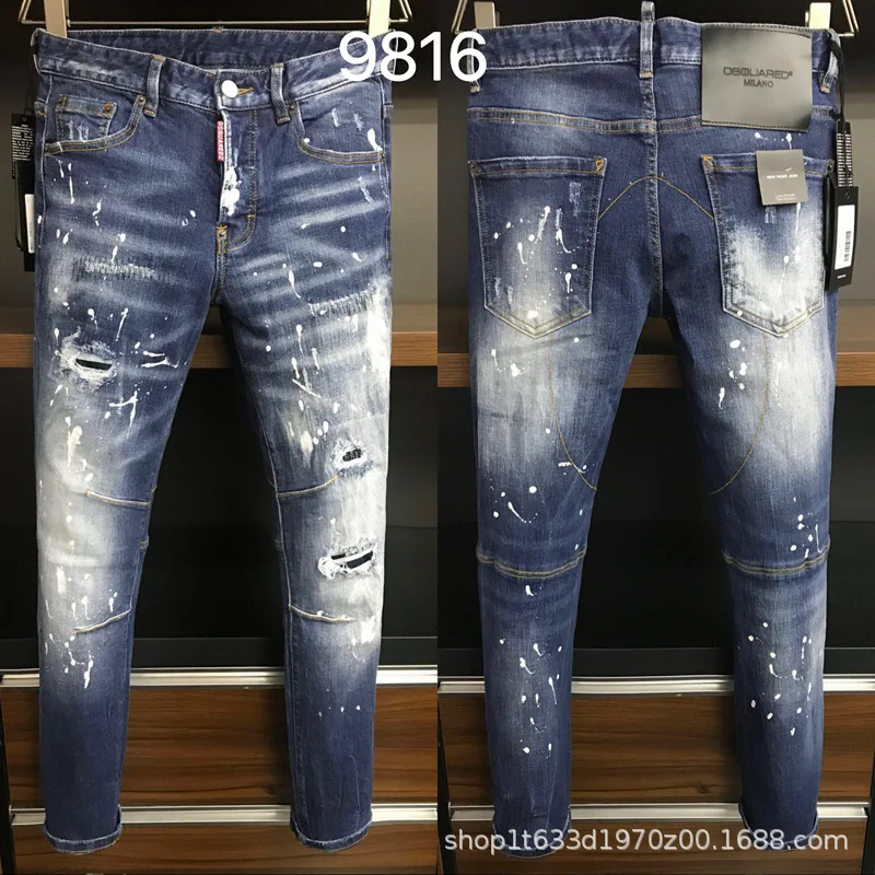 

2023D2 всесезонные мужские джинсовые брюки с второй квадратной краской в горошек слезы и шлифованные белые джинсы с небольшими прямыми ногами