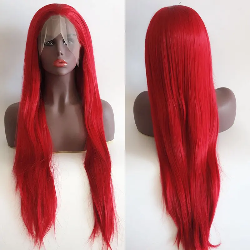 

Synthetic Lace Front Wig Fire Red Long Silky Straight Heat Resistant Fiber Hair Natural Hairline Free Parting For Women Wigs