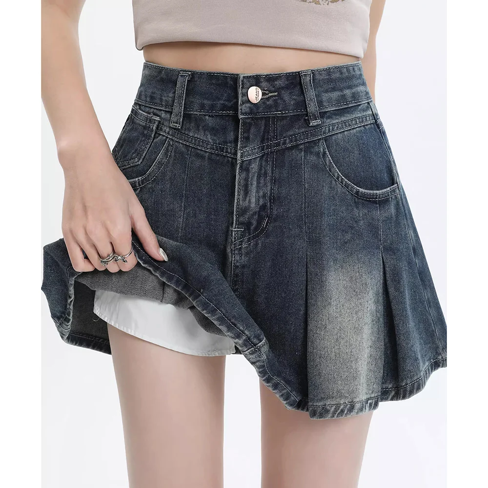 

Новые женщины лето американский ретро мини джинсовая юбка Мода Высокая талия A-Line Плиссированная юбка Винтаж Повседневная джинсовая юбка выше колена
