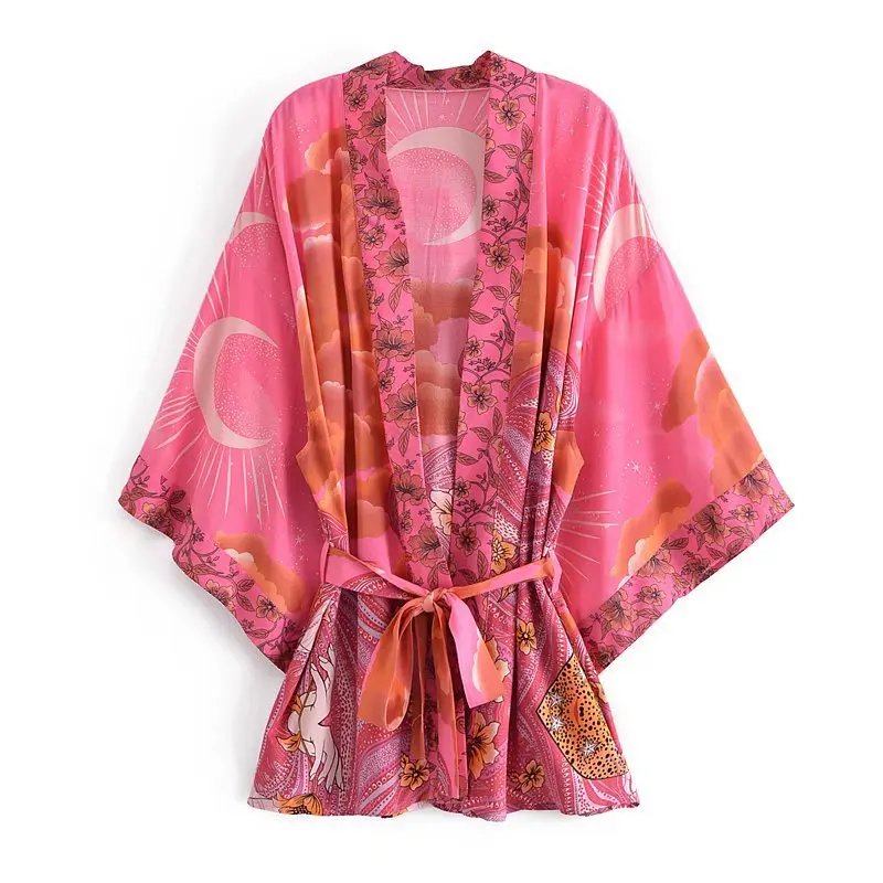 

XUAN PhD Sleeves Happie Short Robe Kimono Dress Cover-ups Vintage Star and Moon Floral Print Sashe Women Bohemian V Neck Batwing