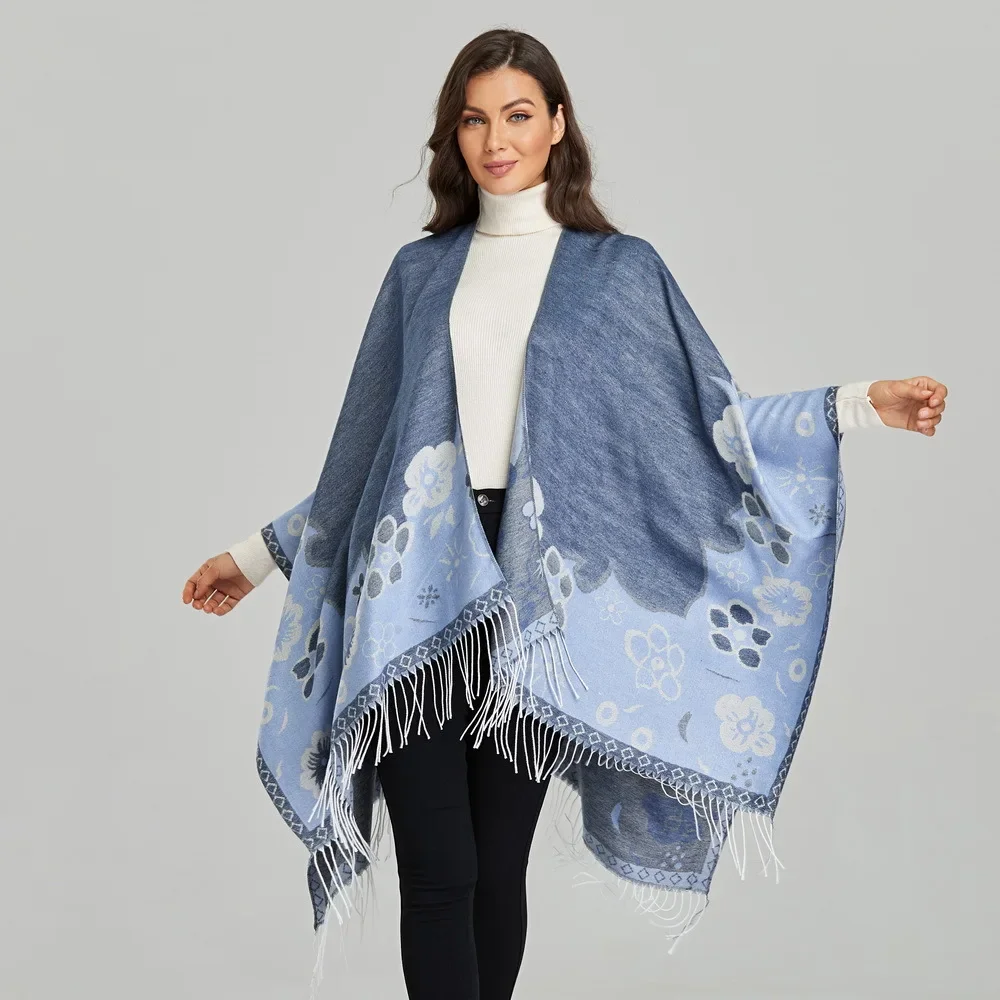 

2024 Autumn Winter New Women Cape Tassel Floret Fashion Increased Warmth Split Cape Imitation Cashmere Ponchos