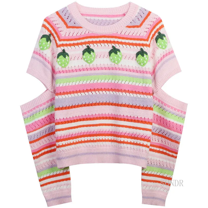 Detachable Sleeve Sweater Women Striped Pink Pullover 2023 Round Neck Sweet 3D Strawberry Embroidery Slim Pullover Knit Tops
Detachable Sleeve Sweater Women Striped Pink Pullover 2023 Round Neck Sweet 3D Strawberry Embroidery Slim Pullover Knit Tops