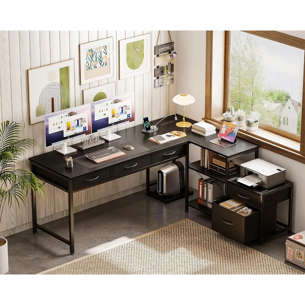 L Shaped Computer Desk with Fabric Drawers and File Cabinet, 61" Reversible Home Office Workstation Desk with Power Outlets
L Shaped Computer Desk with Fabric Drawers and File Cabinet, 61" Reversible Home Office Workstation Desk with Power Outlets