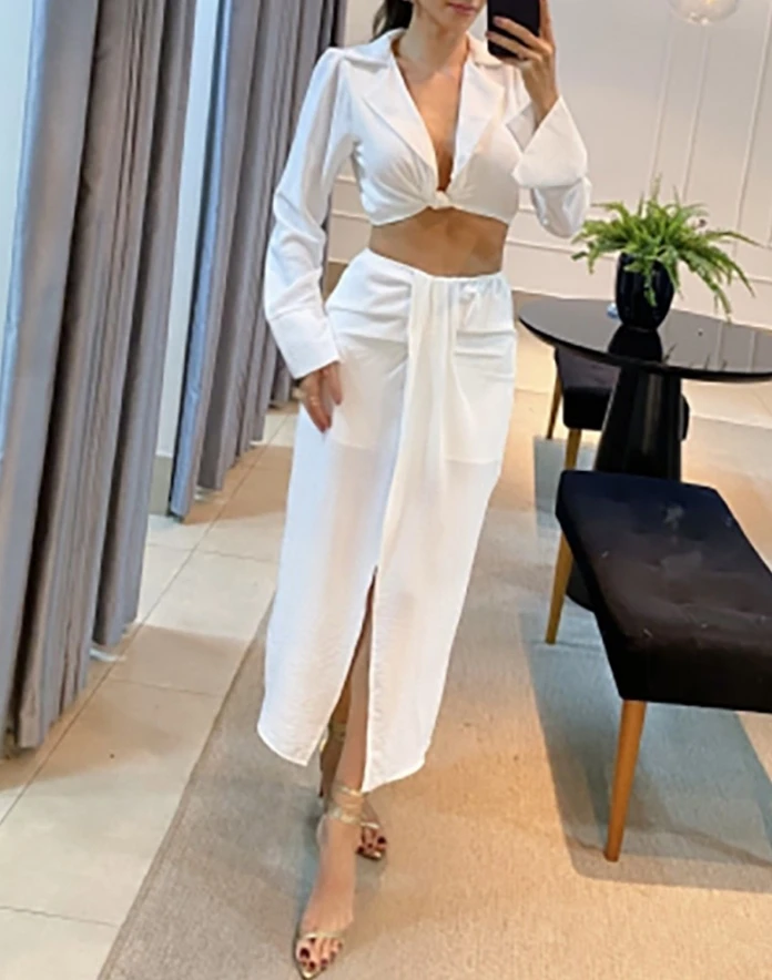 

Sexy Elegant Womens Two Piece Sets Outfit Twisted Crop Top & Draped Slit Skirt Set New Fashion 2024 Summer Casual