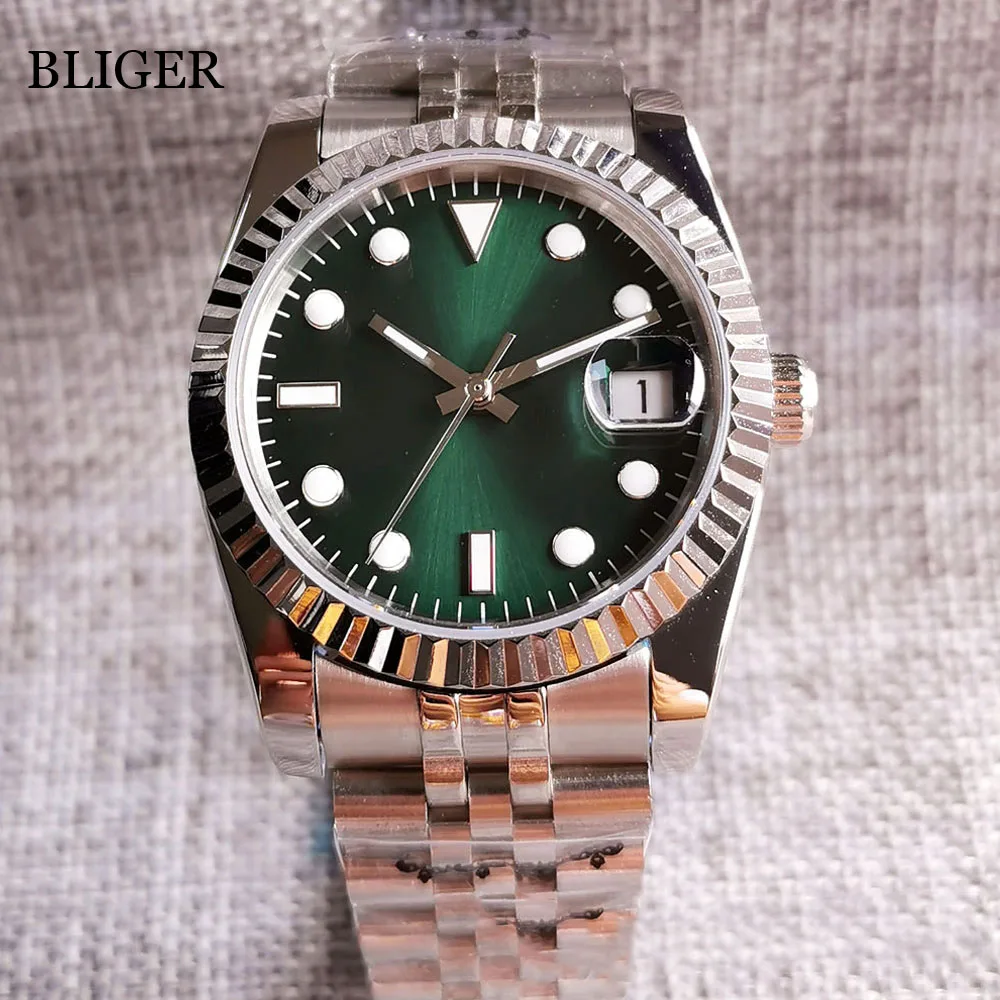 

BLIGER Sterile 36mm Steel NH35A PT5000 Sunbusrt Green Dial Men Watch Sapphire Crystal Fluted Bezel Automatic Wristwatch Jubilee