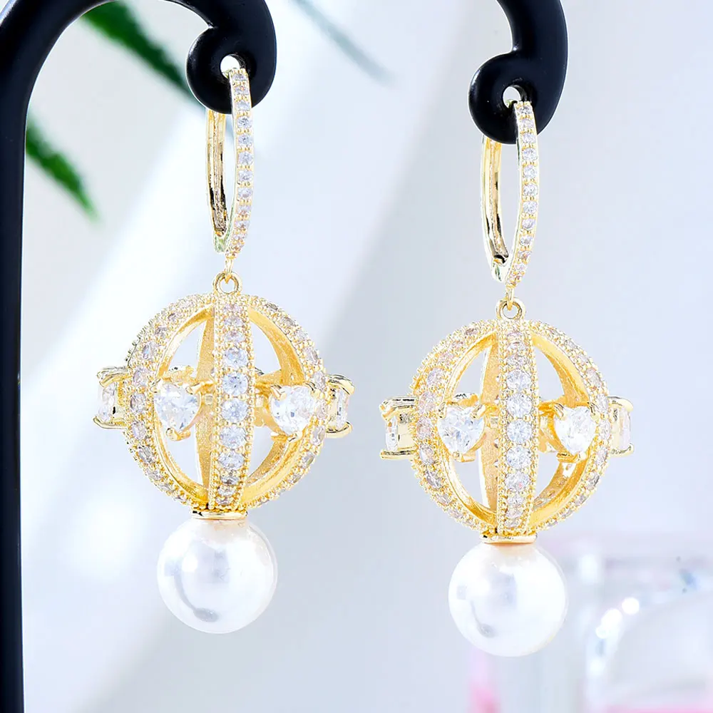 

Siscathy Luxury Drop Earrings Women Cubic Zircon Hollow Ball Pearl Hanging Earring Prom Party Anniversary Jewelry Exquisite Gift