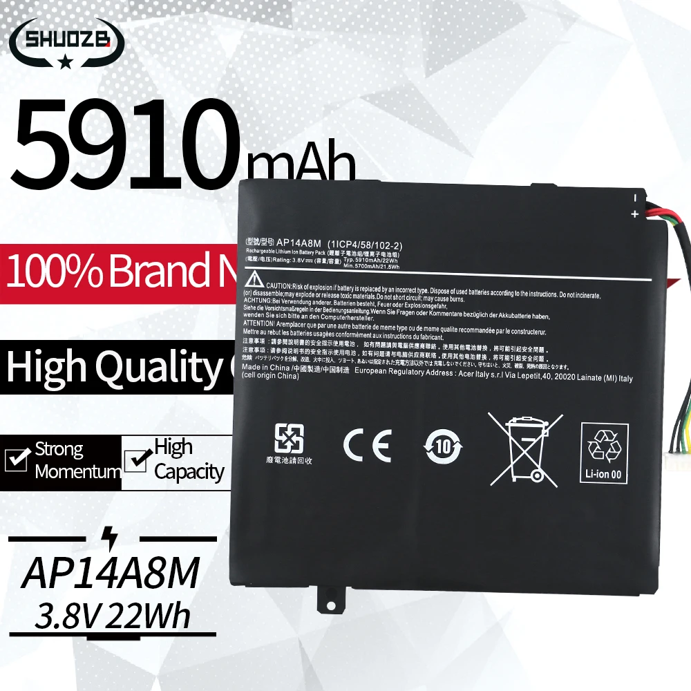 

New AP14A8M AP14A4M Laptop Battery For Acer Iconia Tab 10 A3-A20 A3-A20FHD SW5-011 SW5-012 1ICP4/58/102-2 3.8V 5910mAh 22WH