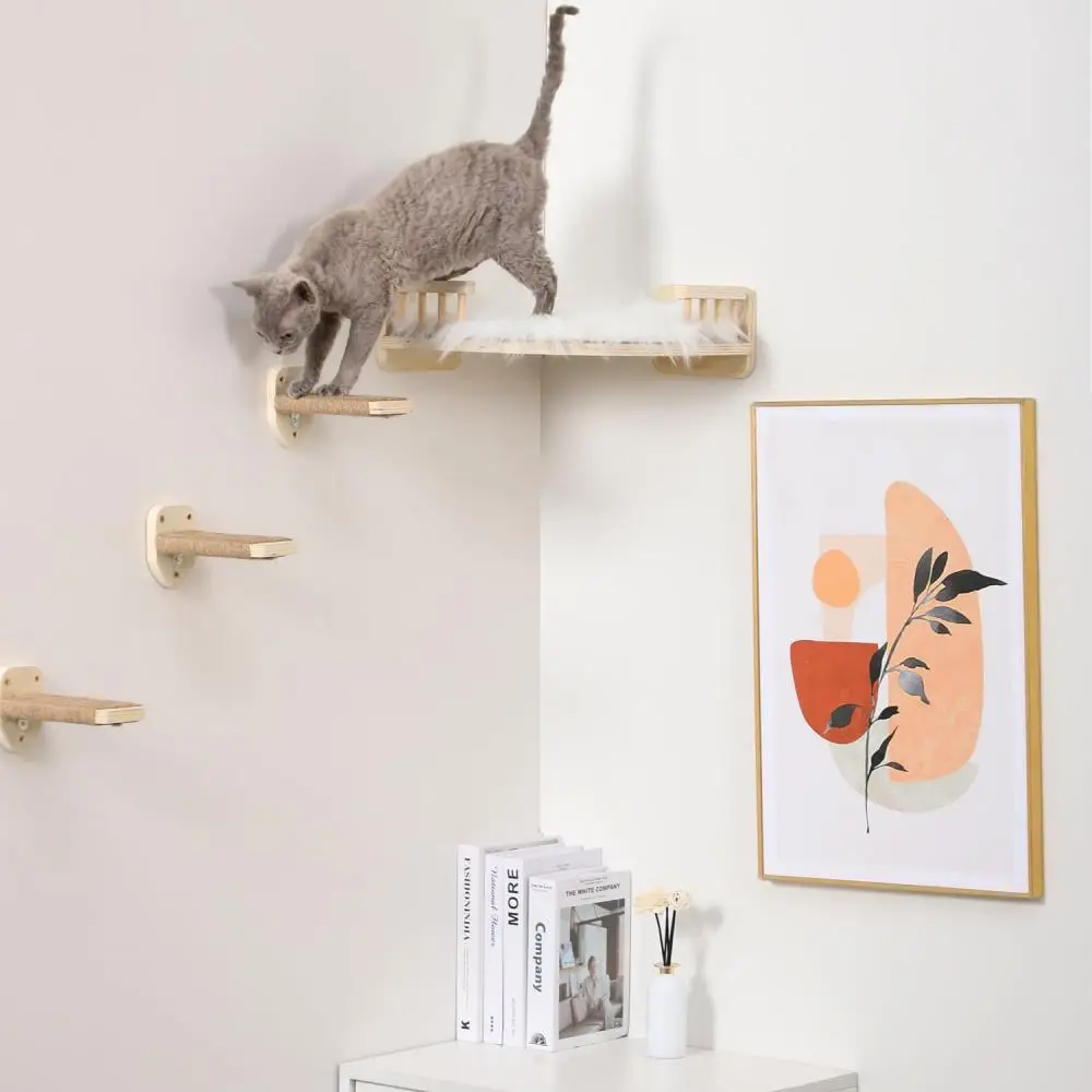 

1 Piece Wall Mounted Wooden Climbing Frame Shelf Cat Hammock with Stairway Ladder for Cats Playing and Rest Indoor Furniture