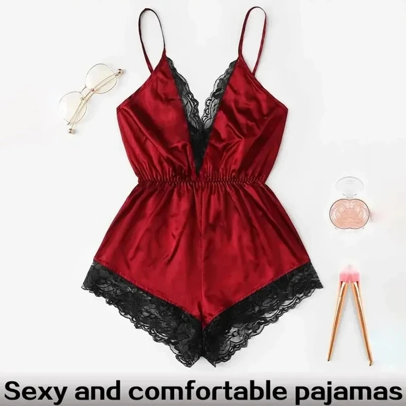 Summer New Sexy Fashion Women Lace Splice Trim Backless Bow Shorts V-Neck Bodysuit Women Sleep Wear Set 2 S893bfb63b2594f5598365ec9e633c1ef3