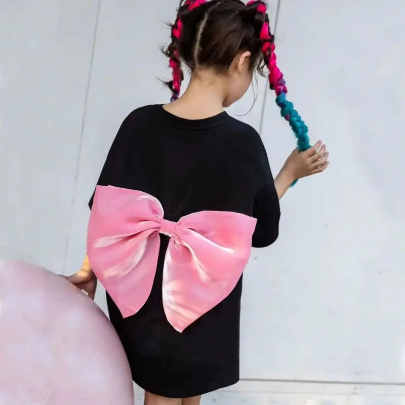 

Fashion Baby Girl Princess Big Bow Dress Summer Infant Toddle Child Black T-shirt Dress Kids Bowknot Pullover Baby Clothes 2-8Y