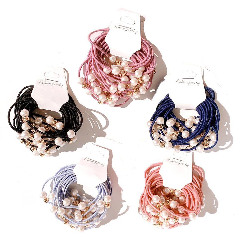 

10Pcs Women Mixed Color Pearl Hair Band Basic High Elastic Rubber Band Simple Ponytail Holder Scrunchies Headband Accessories