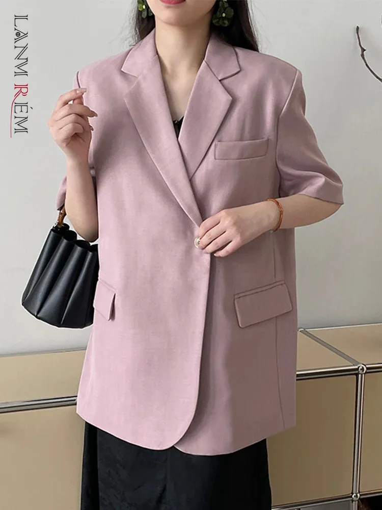 

[LANMREM] Short Sleeve Blazers For Women Single Button Korean Style Casual Loose Jackets Fashion 2024 Summer New 26D8973