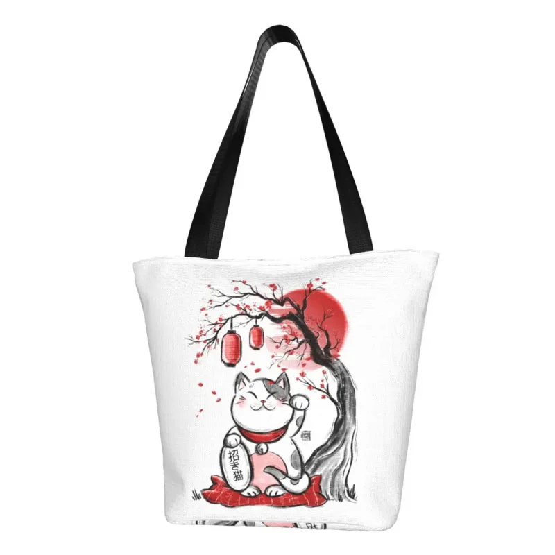 

Custom Maneki Neko Sakura Flowers Shopping Canvas Bag Women Reusable Groceries Lucky Cat Cherry Blossom Tote Shopper Bags