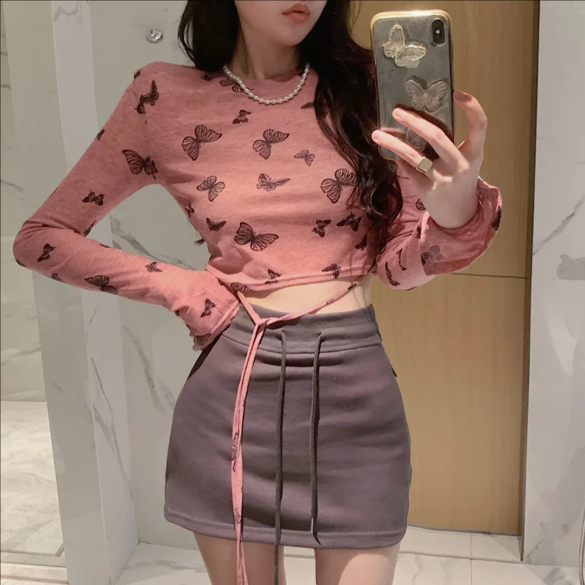 

Y2k T-Shirt Top Sweet Cool Babes Butterfly Print Long Sleeve Sunscreen Sheer T-Shirt Autumn Slim Slim Cropped Lace-up Base Top