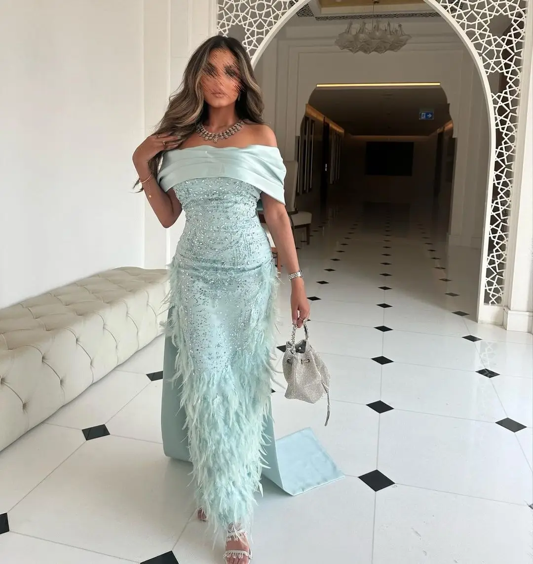 

Sweetheart Strapless Sleeveless Feather Prom Dresses gala Beadings Luxury Evening Dresses Saudi Arabia Women's Formal Dress