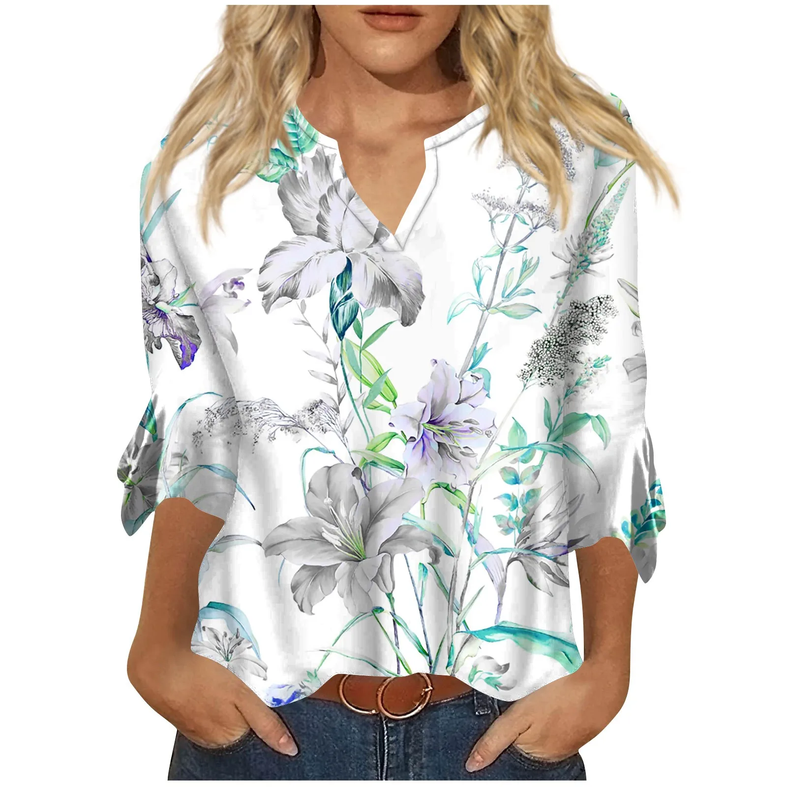 

Women'S Tops Loose Casual V-Neck Floral Printed Blouses Bell 3/4 Sleeve T-Shirt 2024 Spring Summer Top Vintage топ женский