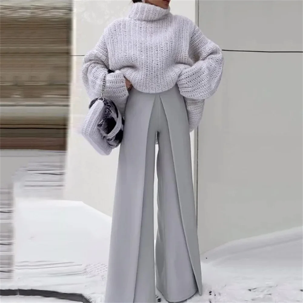 Women Grey Loose Turtleneck and Wide Leg Pants 2 Piece Set Autumn Elegant Soft Warm Pullover High Waist Pants Streetwear Suit
Women Grey Loose Turtleneck and Wide Leg Pants 2 Piece Set Autumn Elegant Soft Warm Pullover High Waist Pants Streetwear Suit