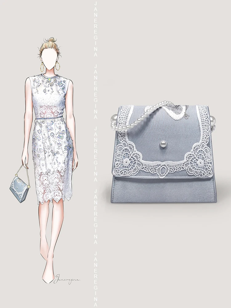 

Hxl Lace Embroidery Dress Garment Bag Pearl Chain Handbag Satin Advanced Texture Bag