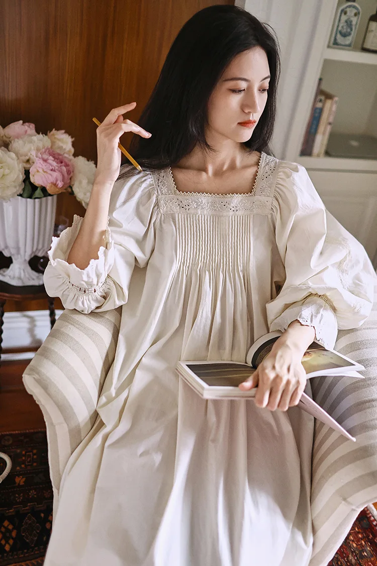 Vintage Soft Cotton Beige Long Nightgowns For Women Long Sleeve Elegant Nightshirts Comfortable Loose Sweet Night Dress 11 S894ffa073d6848a4ba01ccc6e48b4fc84