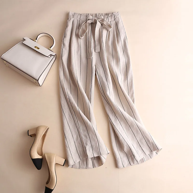 

Spring Summer Fashion Women's Bow Elastic Waist Striped Basics Pants Office Lady Casual Loose Vintage Classical Wide Leg Trouser