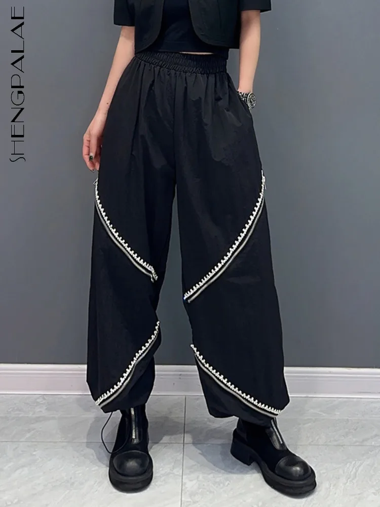 

SHENGPALAE Casual Wide Legged Pants Tie Feet Pants 2024 Spring Summer New Spliced Wooden Ear Edge Fashion Loose Trousers 5R9795