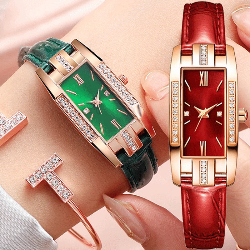 

Retro Women Watches Fashion Square Ladies Quartz Watch Imitation Leather Green Dial Simple Luxury Female Watches