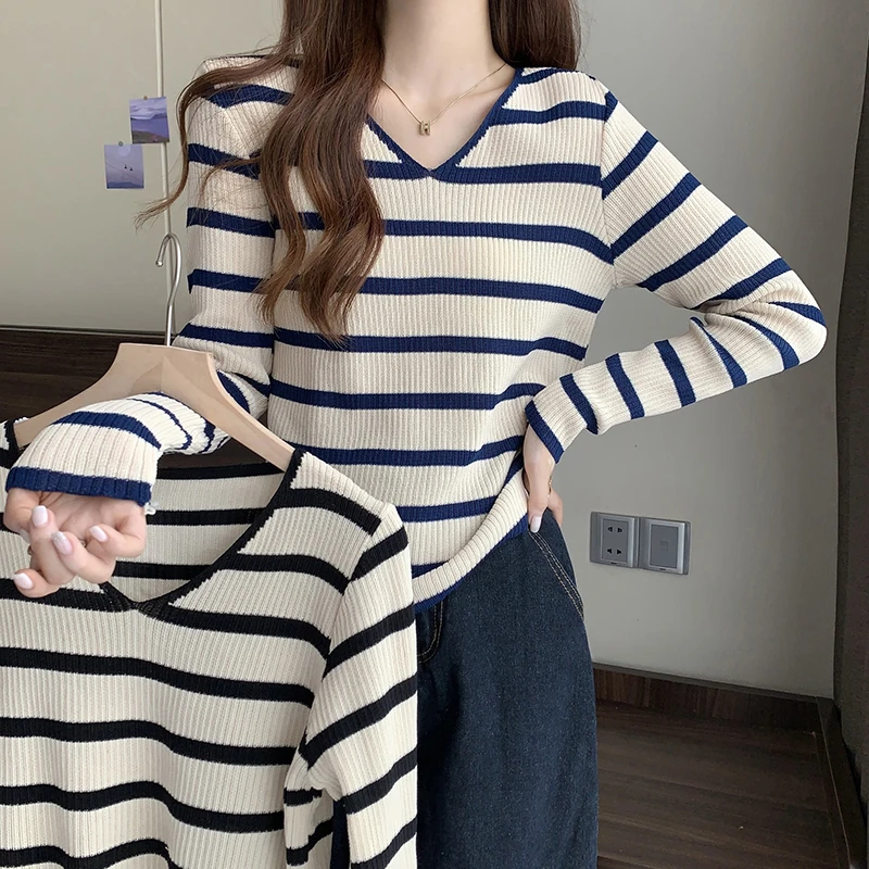 

Retro Women V Neck Striped Knitshirts Spring Autumn Plus Sized Long Sleeve Tops Casual All-matched Ladies Pullover Thin Sweater